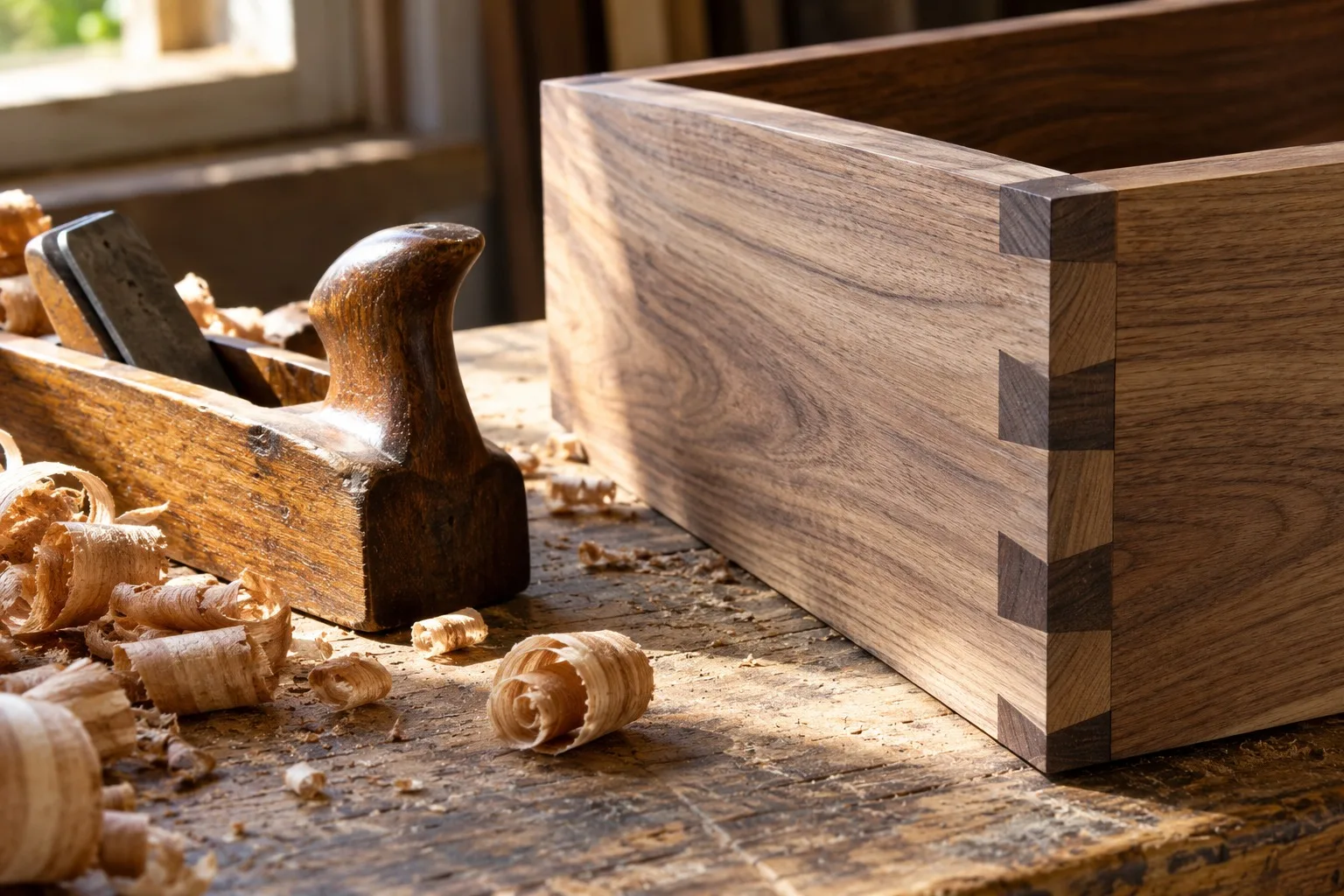 Holzverbindung an einem Möbelstück neben Handhobel und Holzspänen